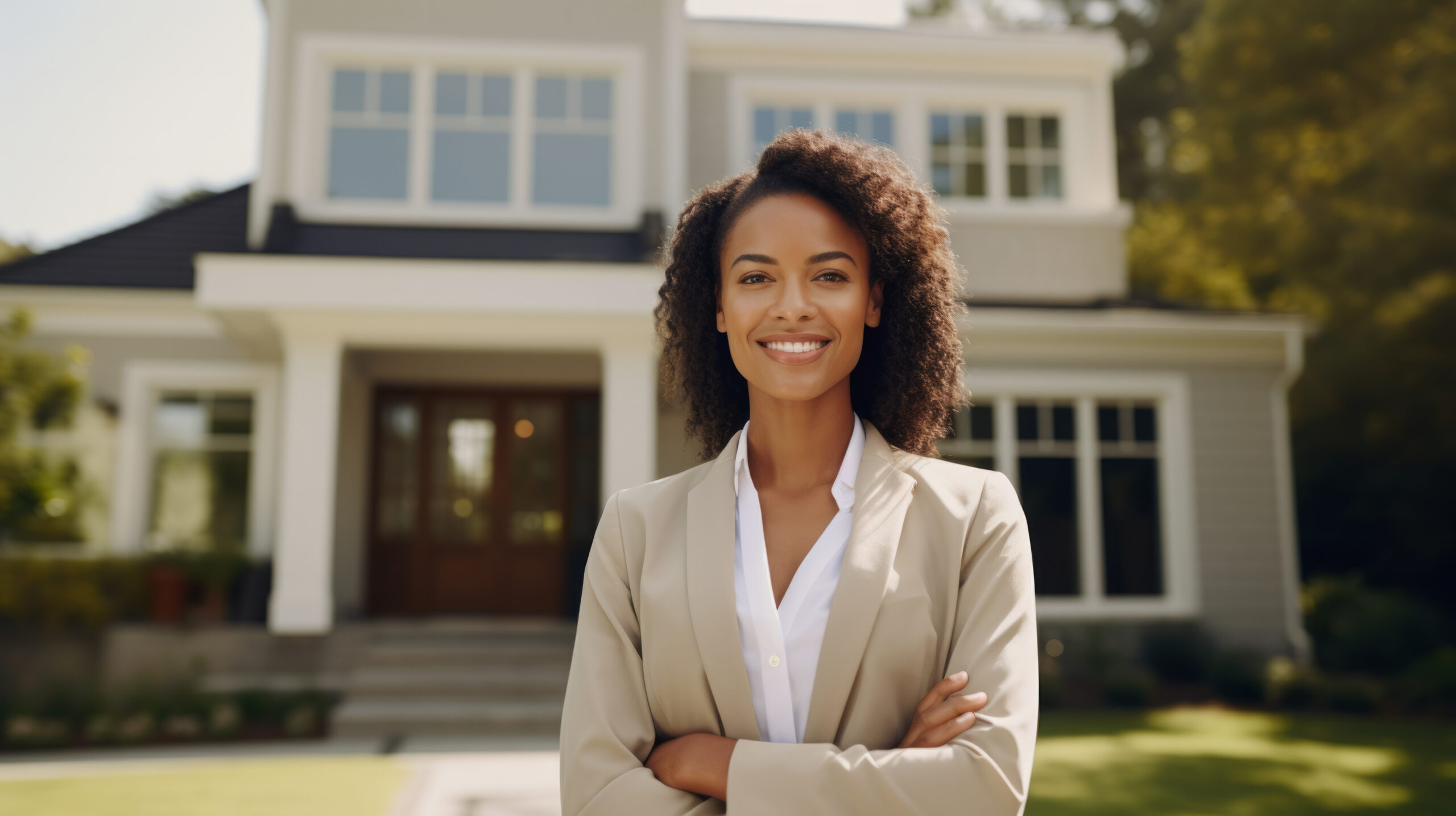 Confident American woman real estate agent stands proudly outside a modern home, radiating expertise and approachability, ready to assist potential house buyers